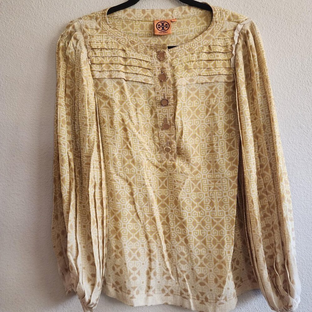 Tory Burch Blouse Womens 4 Yellow Geometric Pleated Silk Long Sleeve Boho Top